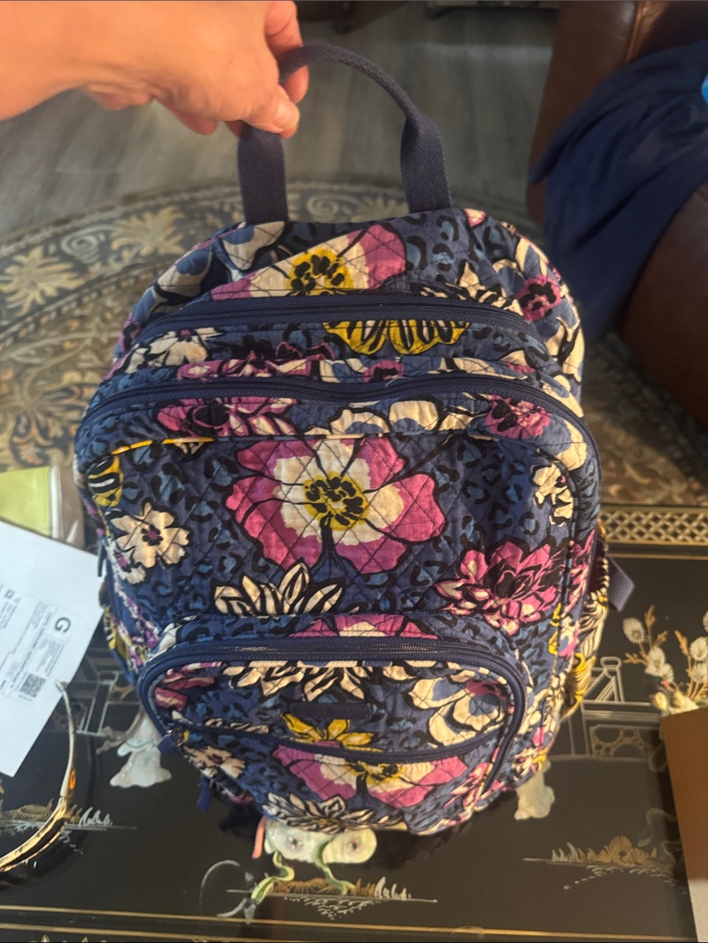 Vera Bradley Navy Quilted Floral Backpack with Pink and Yellow Accents